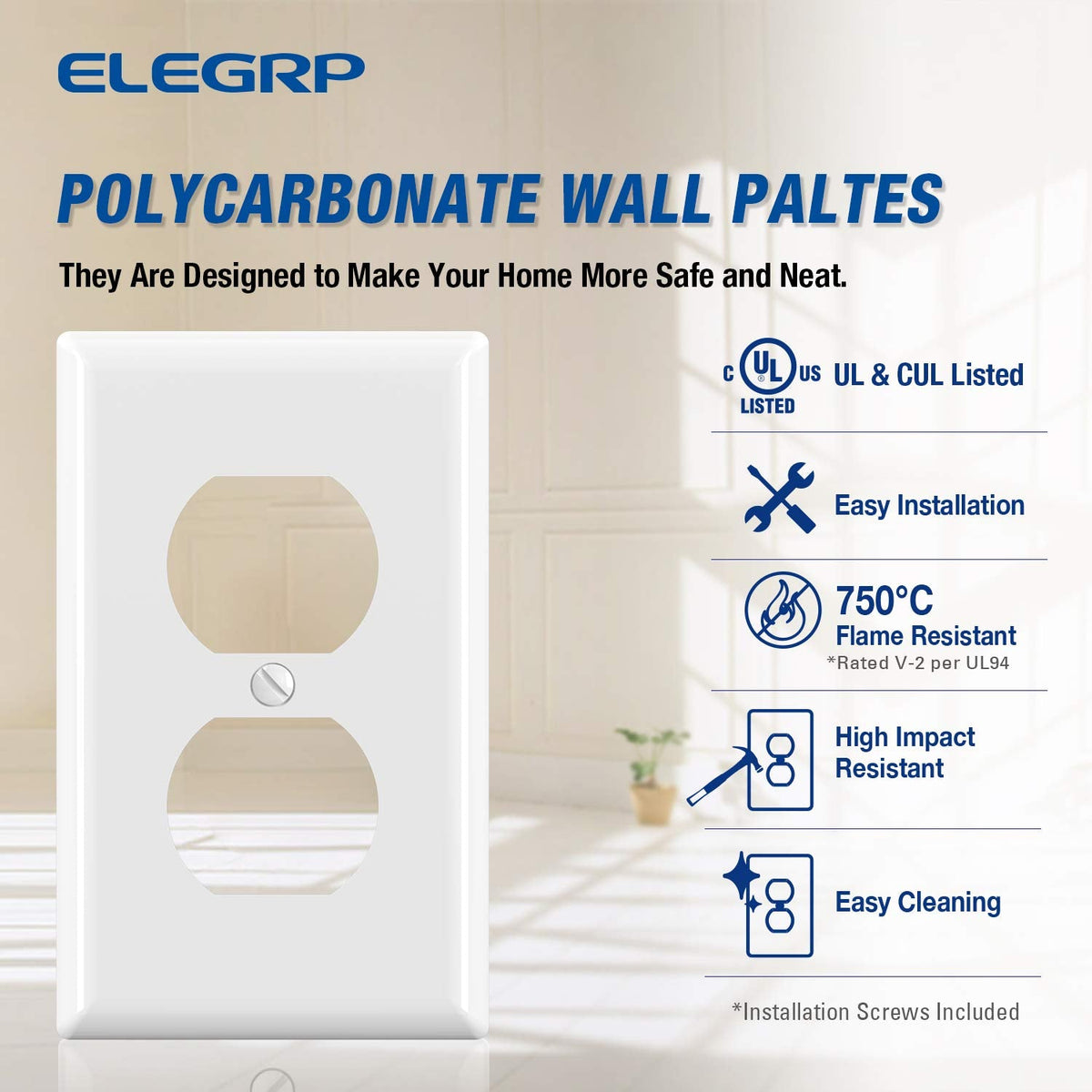 ELEGRP Duplex Receptacle Outlet Covers, 1-Gang Standard Size Wall Plates, Unbreakable Polycarbonate Dual Outlet Faceplates Covers, UL Listed, Color-matched Screws Included (20 Pack, Glossy White)