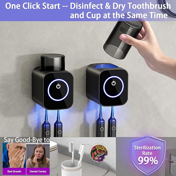 Wall Mounted Toothbrush Holder, 1 Cup Toothbrush Holders with Smart Drying and Cleaning, Toothbrush Cleaning Case with Solar Charging, Toothbrush Organizer with 2 Brush Slots (White - 1 Cup)