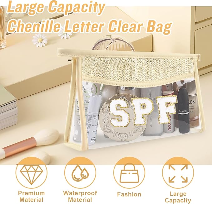 Iqimott Boho Patch SPF Bag Clear Makeup Letter Bag, Waterproof Zipper Make up Bags Toiletry Pouch for Women Girls, Clear Letter Patch Cosmetic Bags Transparent Organizer Pouch for Travel(SPF, Beige)