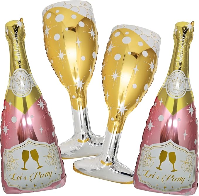 4 Pcs Champagne Balloons, Huge Rose Gold Champagne Bottle Goblet Aluminum Foil Balloons for Birthday, Bachelorette, Bridal Shower, Wedding, Anniversary, Engagement Party Decorations Supplies
