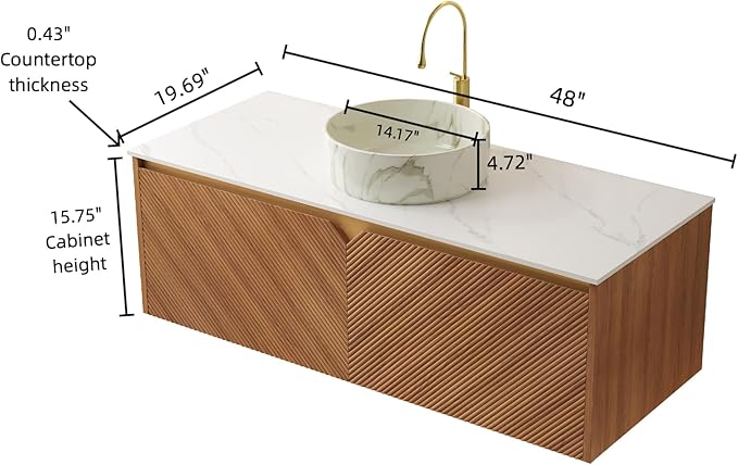 48 Inch Bathroom Vanity with Sink, Floating Fluted Vanity with Vessel Sink, Modern Wall Mounted Bathroom Vanity Cabinet with 2 Doors, Ceramic Sink with Stone Pattern & Sintered Stone Top, Oak