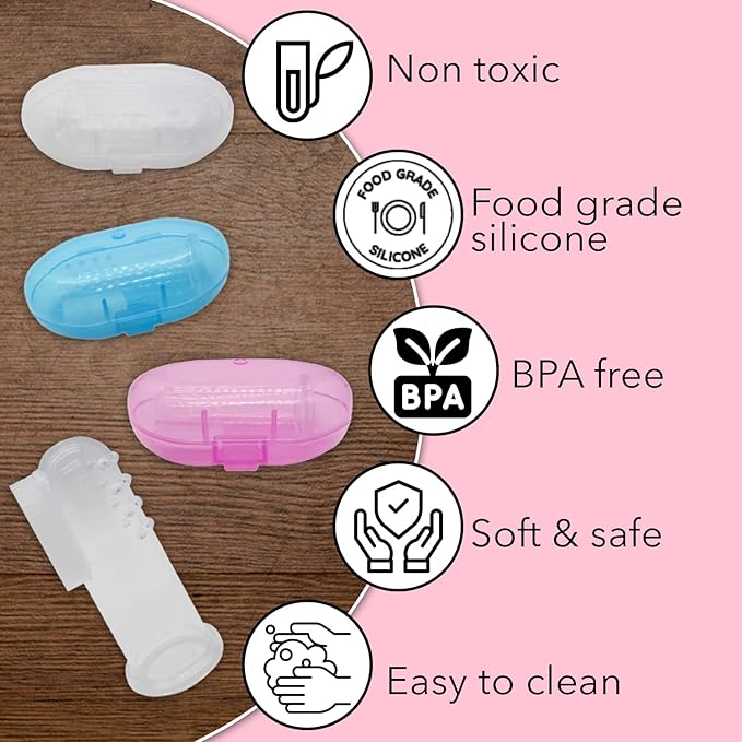 Baby Finger Toothbrush (Set of 3) - Silicone Baby Toothbrush with 3 Cases in Blue, Pink & Clear- Toddler Training Toothbrush - Newborn Oral Massager - Easy Oral Hygiene for Kids & Pets