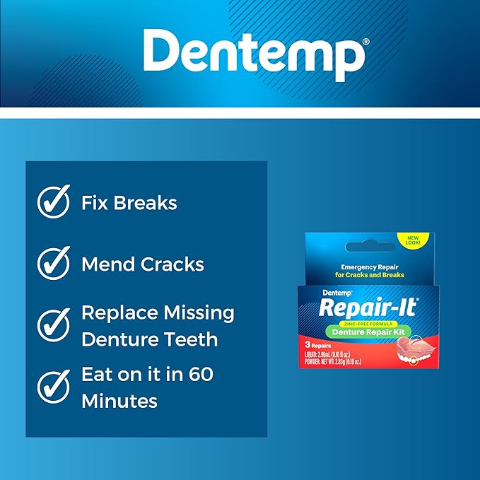 Dentemp Repair Kit - Repair-It Advanced Formula Denture Repair Kit (Pack of 3) - Denture Repair Kit Repairs Broken Dentures - Denture Repair to Mend Cracks & Replace Loose Teeth