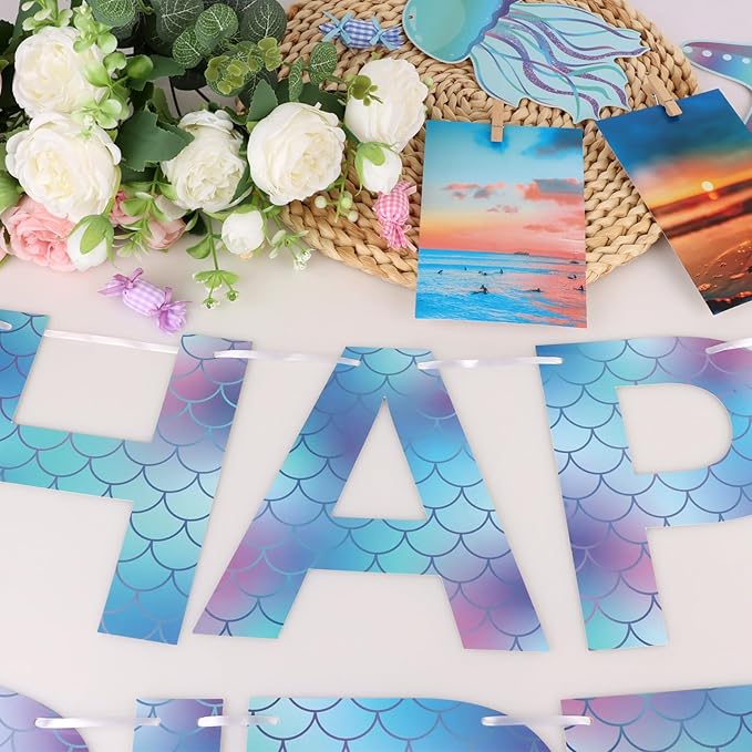 Mermaid Birthday Banner Sign, Mermaid Happy Birthday Bunting Banner Flag Garland for Girls Kids Baby Party, Baby Shower Decorations Supplies