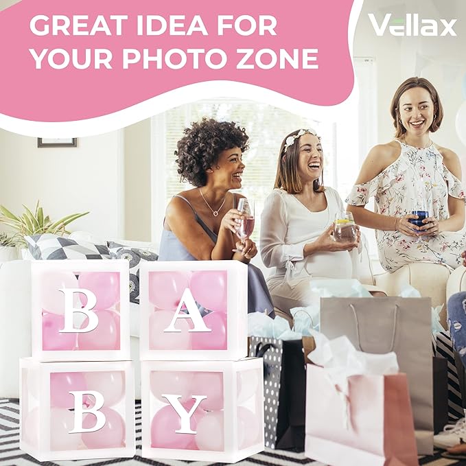 Baby Shower Boxes with Letters – White Boxes with Pink & White Balloons – 44-Piece Gender Reveal & Party Decoration Set by Vellax-Piece Gender Reveal & Party Decoration Set by Vellax