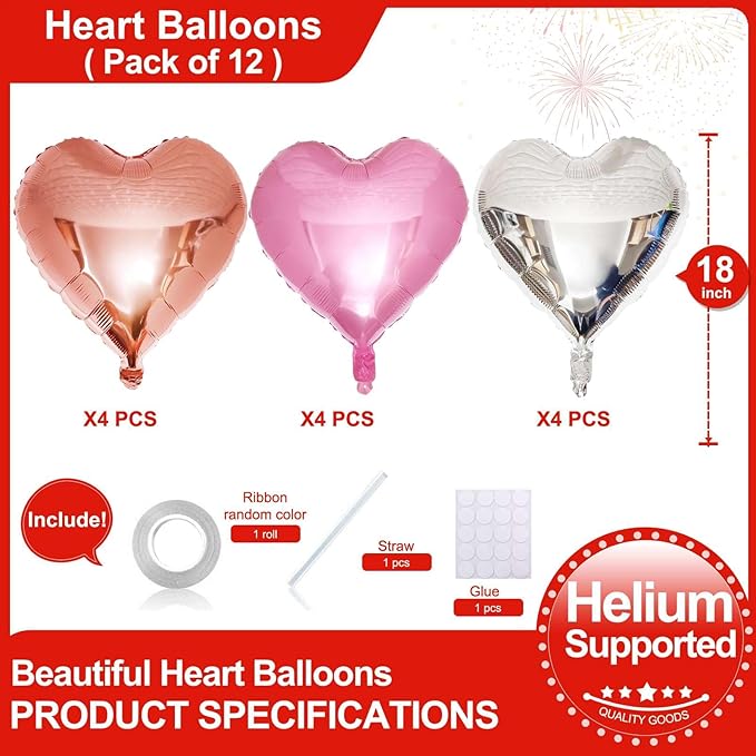 Lovoir 12 Pcs Pink Heart Shape Foil Mylar Balloons 18 Inch Love Balloons for Valentine's Day Birthday Party Decorations Wedding Engagement Romantic Decor (Rose Gold & Pearl Pink & Silver)