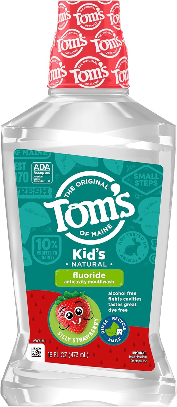 Tom's of Maine Children's Anticavity Fluoride Rinse Mouthwash, Silly Strawberry, 16 Fl Oz (Pack of 6) (Packaging May Vary)
