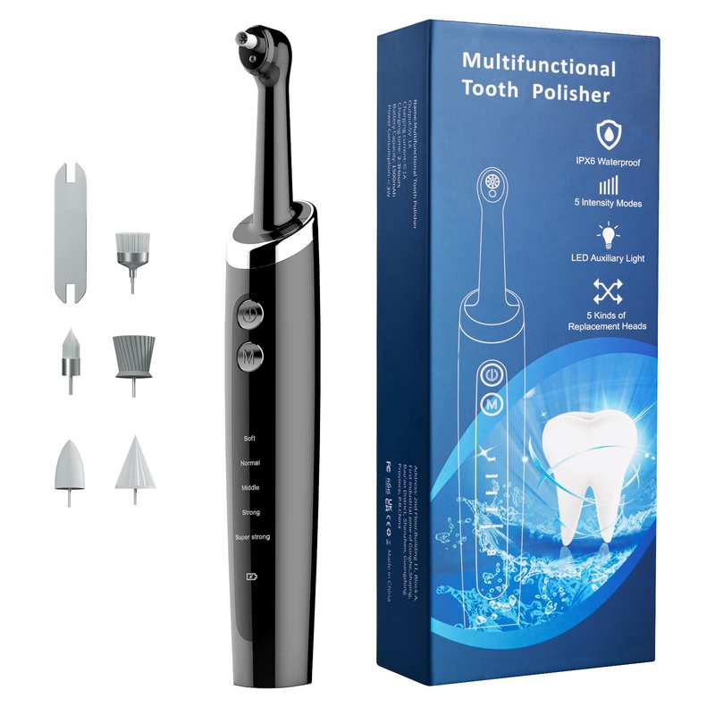 Jeyoe Tooth Polisher Rechargeable,Tooth Buffer Polisher with 5 Replacement Heads & Cleaning Modes, USB Rechargeable, Ipx6 Waterproof, Teeth Black Stain Remover for Adults & Kids Black
