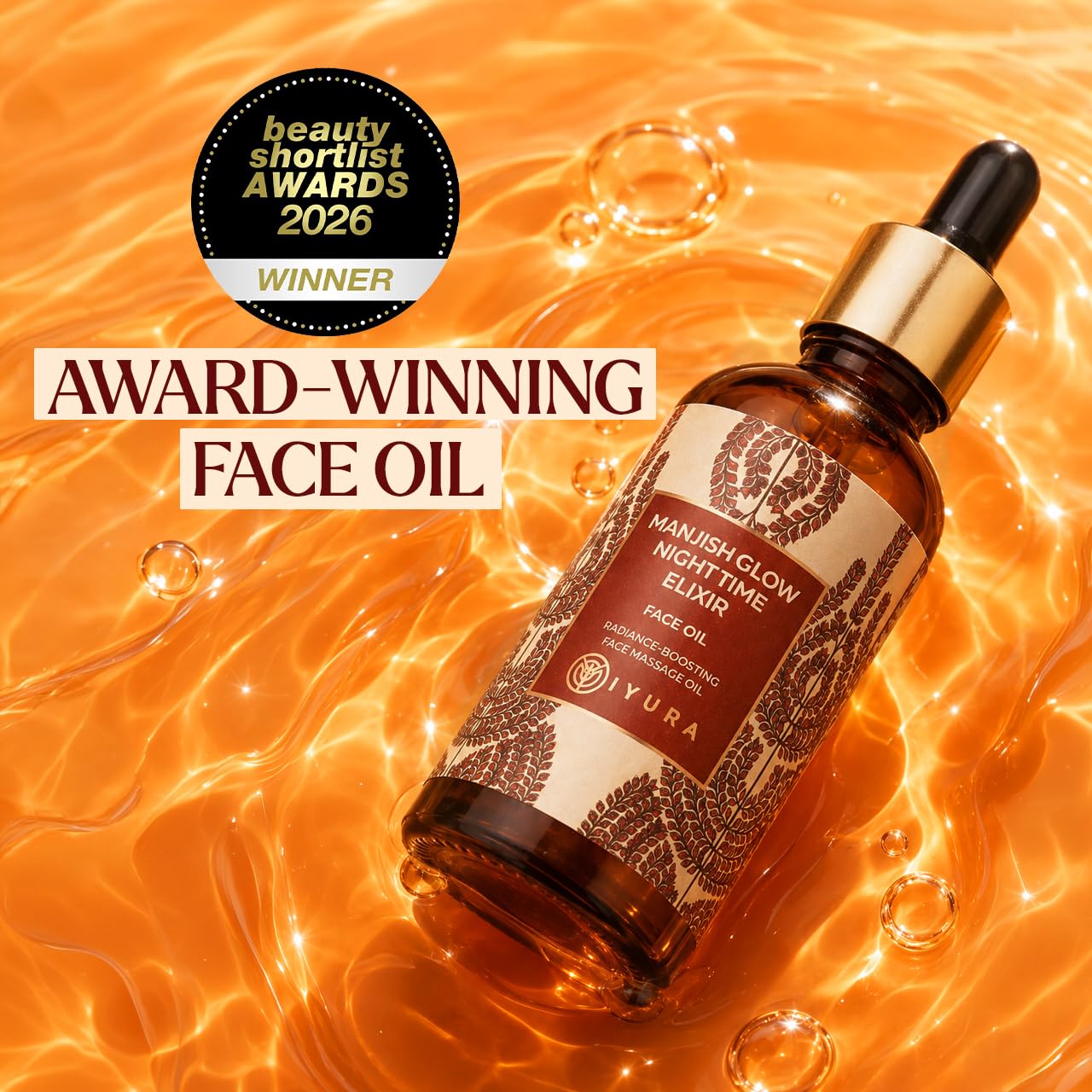 iYURA Manjish Glow Elixir - Traditional Glow-Boosting Face Moisturizer for an Instant Dewy Glow & Clear-looking skin – Lightweight, 100% Natural Nighttime Face Oil, 1.69 fl oz
