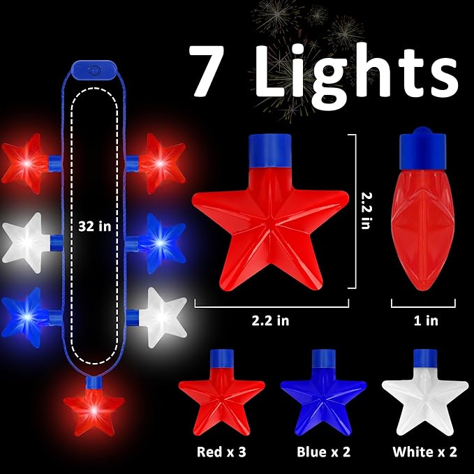 10PCS Independence Day Necklace Accessories, 4th of July Light up Necklaces Bulk, LED Patriotic 7 Bulb Red Blue Whtie Stars Necklaces, Glow Necklace for 4th of July Memorial Day Parades Party Favors