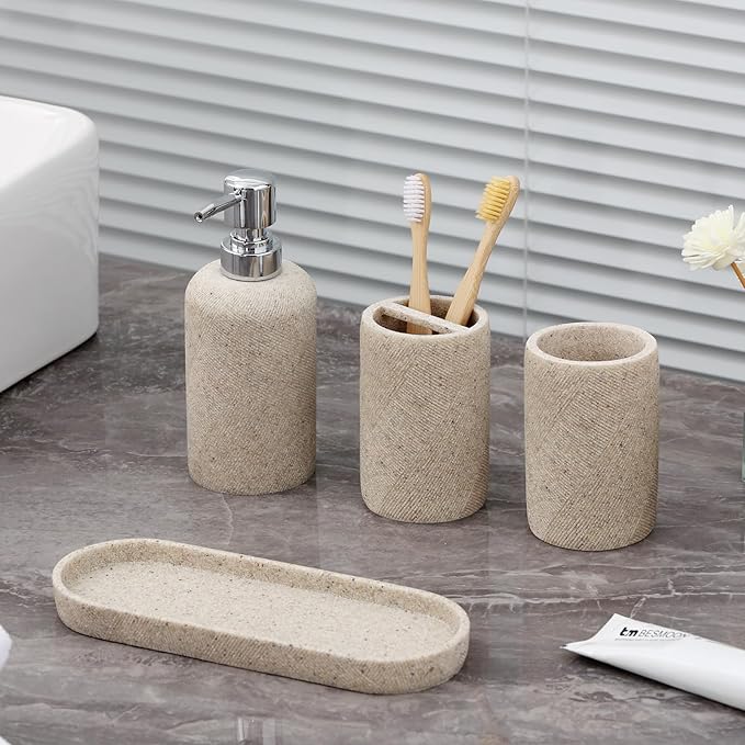 Bathroom Accessories Set, Bathroom Organizer Countertop, Soap Dispenser and Toothbrush Holder, Mouthwash Cup, Tray Set, Vanity Tray for Bathroom, 4 Pieces Modern Decor (Beige)
