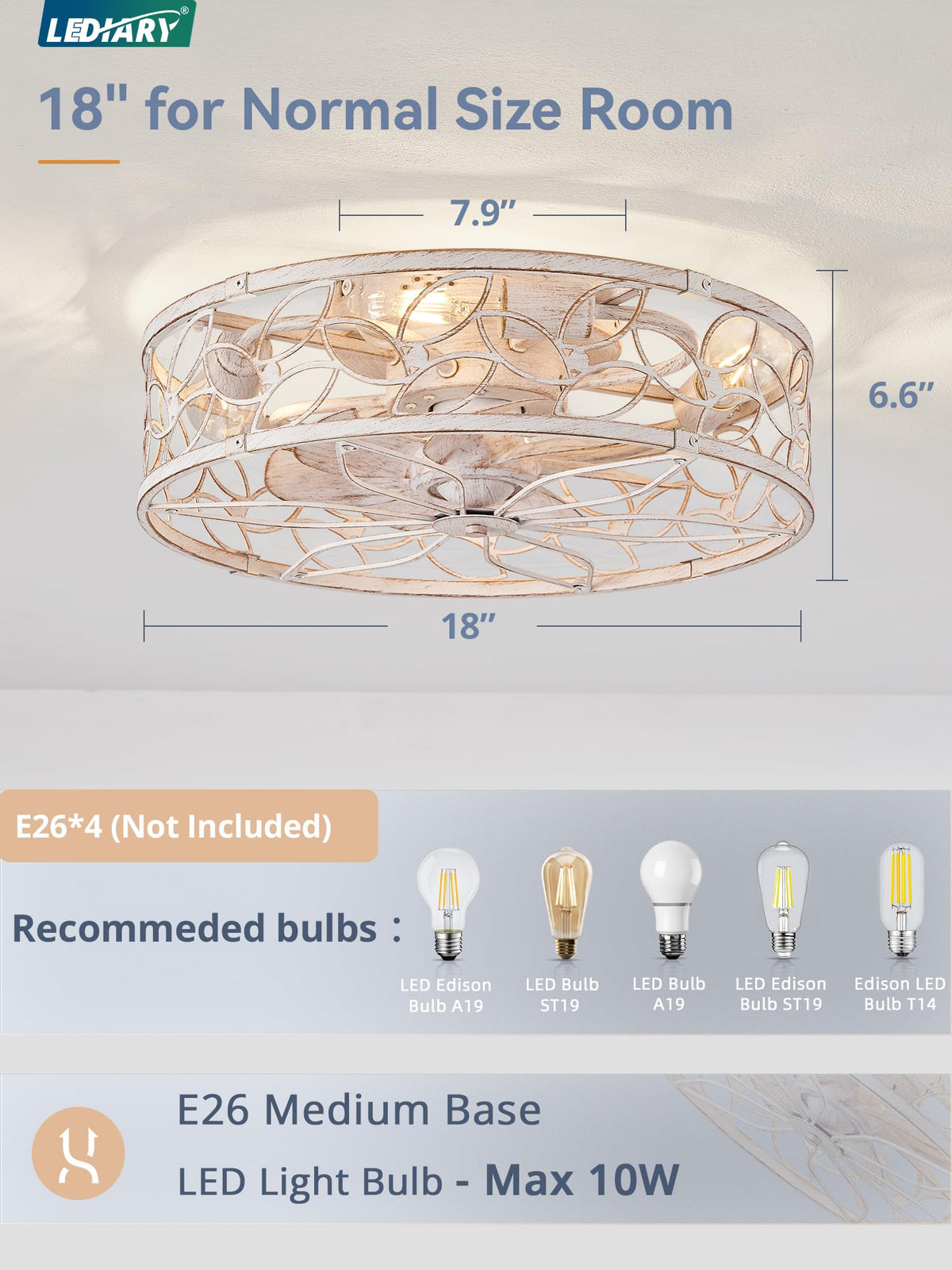 LEDIARY Caged Ceiling Fan with Light, Flush Mount Fandalier with Remote