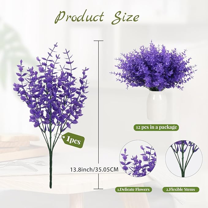 RECUTMS 12 Bundles Artificial Flowers for Outdoors UV Resistant Artificial Greenery Fake Eucalyptus Plants Boxwood Plants Outdoor Shrub Front Porch Patio Spring Decorations for Home(Pure Purple)