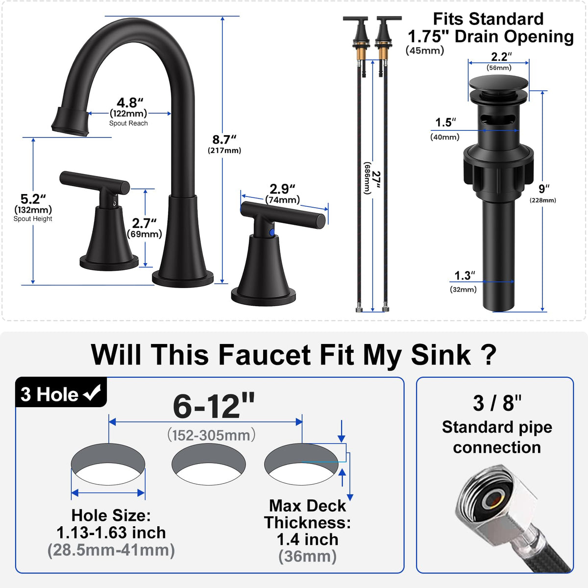 Bathroom Faucets for Sink 3 Hole, Hurran Matte Black Bathroom Sink Faucet with Pop-up Drain and Supply Lines, Stainless Steel Lead-Free Widespread Faucet for Vanity RV Farmhouse, 2 Pack