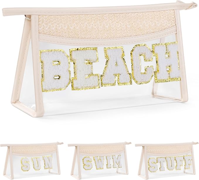 Etercycle Boho Patch BEACH Makeup Bag, Clear PVC Travel Toiletry Bag Waterproof Beach Bags for Women, Small Chenille Letter Bag With Zipper for Beach Travel Essentials
