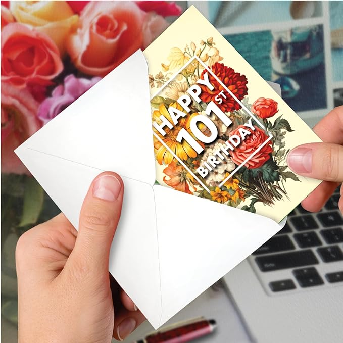 NobleWorks 101th Birthday Milestone Greeting Card with 5 x 7 Inch Envelope (1 Card) Flowers For Milestones - 101 C10581MBG