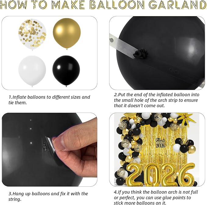 Graduation Balloon Garland Arch Kit for Graduation Decorations Class of 2026 - Black Gold and White Balloons Different Sizes 5 12 18 Inch Graduations Balloons Arch for Grad Party Supplies