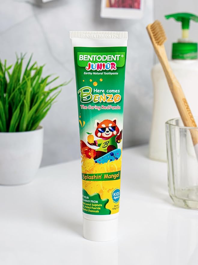 Bentodent Fluoride Free Kids Toothpaste - Natural Calcium Bentonite Clay Toothpaste - SLS Free, Fresh Breath, Plaque Removal by Brushing (Mango)
