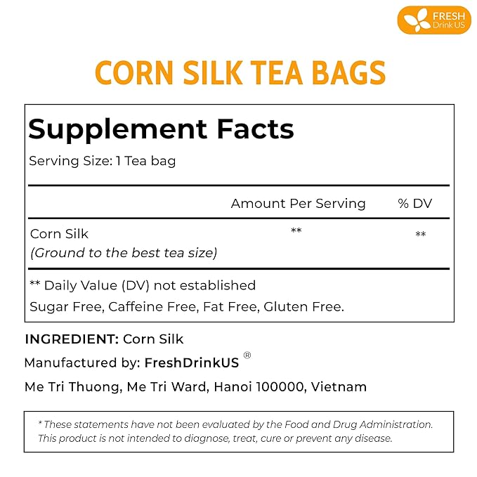 FreshDrinkUS, Premium 75 Tea Bags Corn Silk Tea, 100% Natural & Pure from Corn Silk. Herbal Tea. Clean Ingredients. Made with Natural Material Tea Bags. No Sugar, No Caffeine, Vegan.