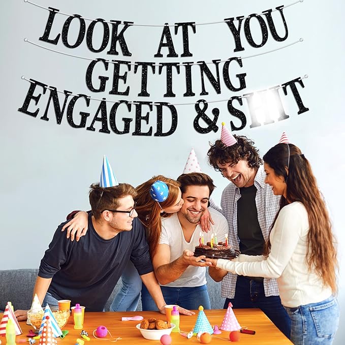 Look At You Getting Engaged Banner, Newly Engaged Gift for Bride, Engagement/Wedding/Brial Shower Party Decoration Supplies for Friends, Black Glitter