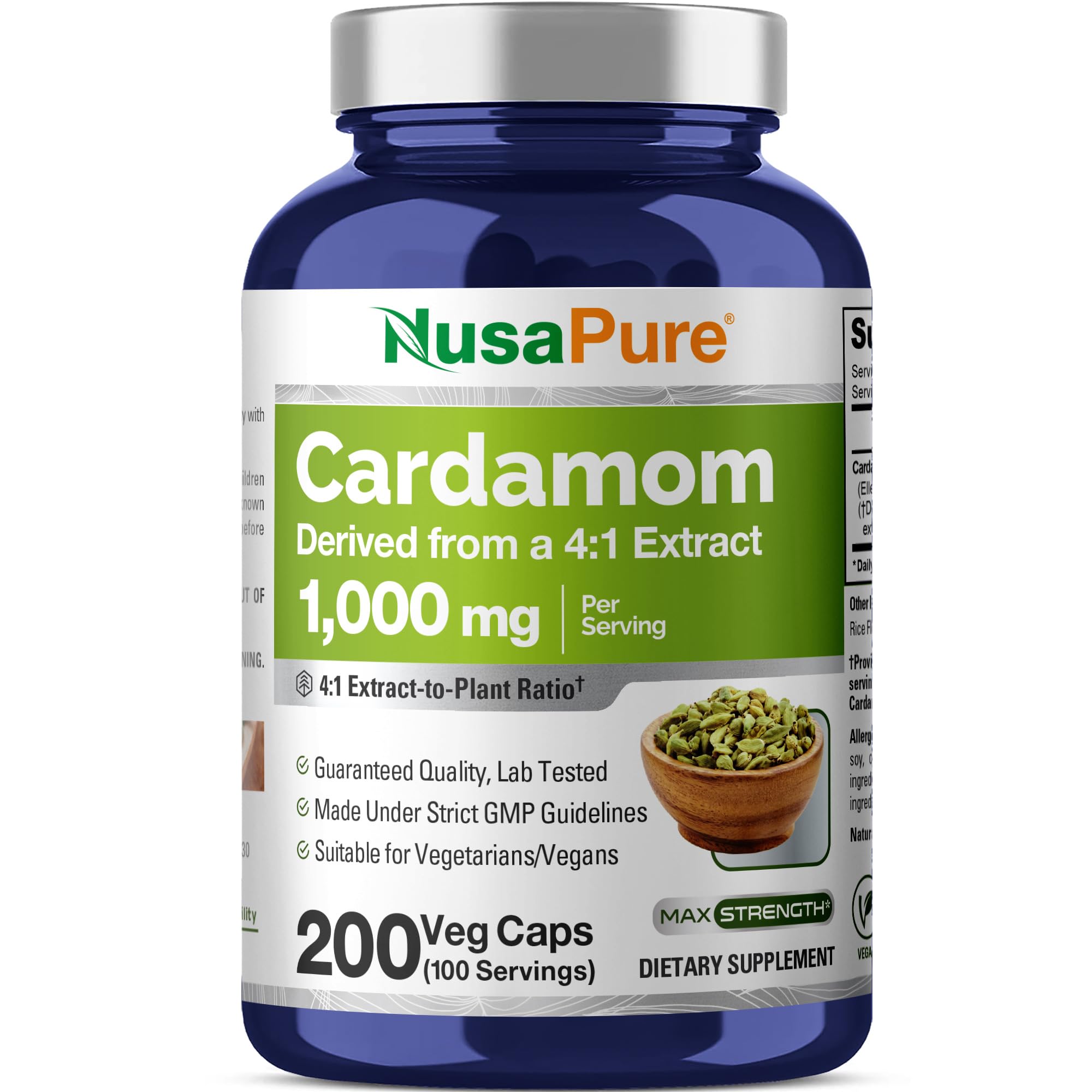 NusaPure Cardamom Capsules, 1000 mg, 200 Veg Capsules (Non-GMO, Vegan)