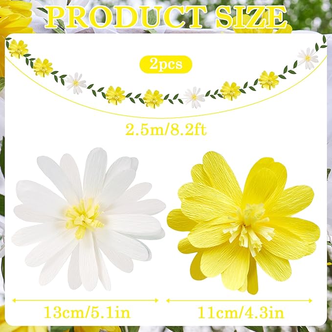 2PCS Yellow Flower Garland, Paper Flower Leaves Banner, Spring Paper Flower Garland for Birthday Baby Shower Wedding Garden Decor