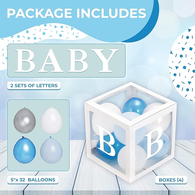 Baby Shower Boxes with Letters – White Boxes with Blue, Silver & White Balloons – 44-Piece Gender Reveal & Party Decoration Set by Vellax