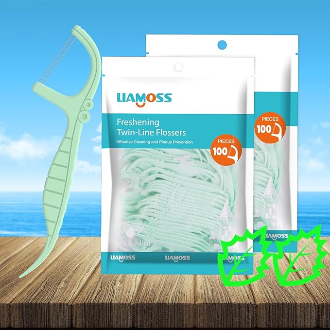 Mint Dental Flossers,200 Count Twin Line Floss Picks,LIAMOSS Professional Clean Travel Floss,Extra Strong Toothpicks Sticks,Dual Action Super Clean Teeth,Fight Tooth Decay(Mint,2Pack)…