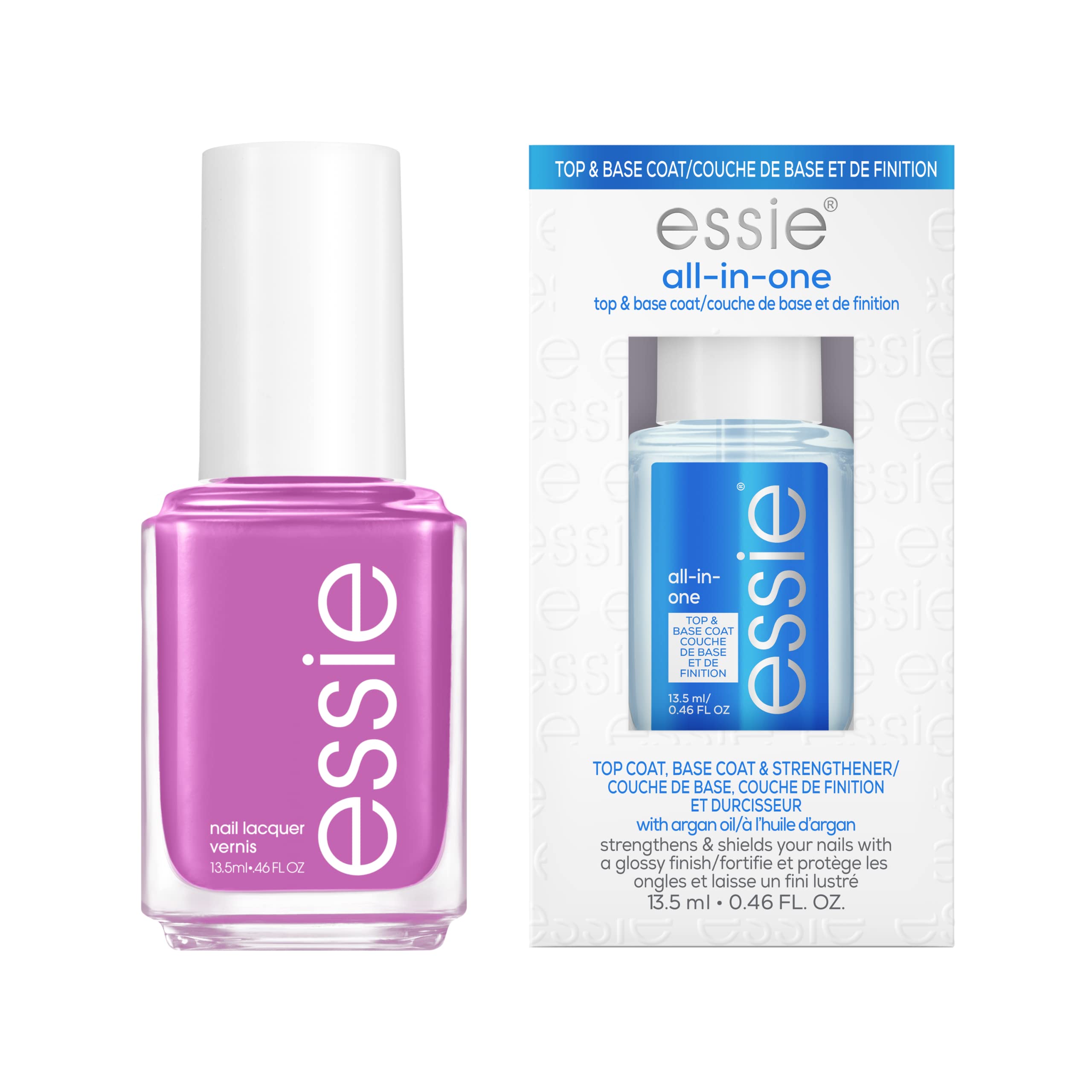 essie Salon-Quality Nail Polish Bundle, Vegan, Bright Purple, Play Date + All In One Base Coat and Top Coat, 0.46 fl oz each