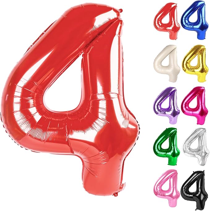 Red Number 4 Balloon 40 Inch, 4 Balloon Number, 4th Birthday Decorations, Red Party Supplies for Boys Girls