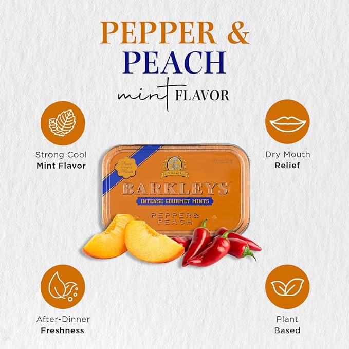 Barkleys Gourmet Pepper & Peach Breath Mints - Strong Pepper & Peach Flavor for Party, After Dinner, Wedding, Every Day Use-Vegan Mints In Reusable Classic Travel Tins, 1 Pack - 50 Count Each