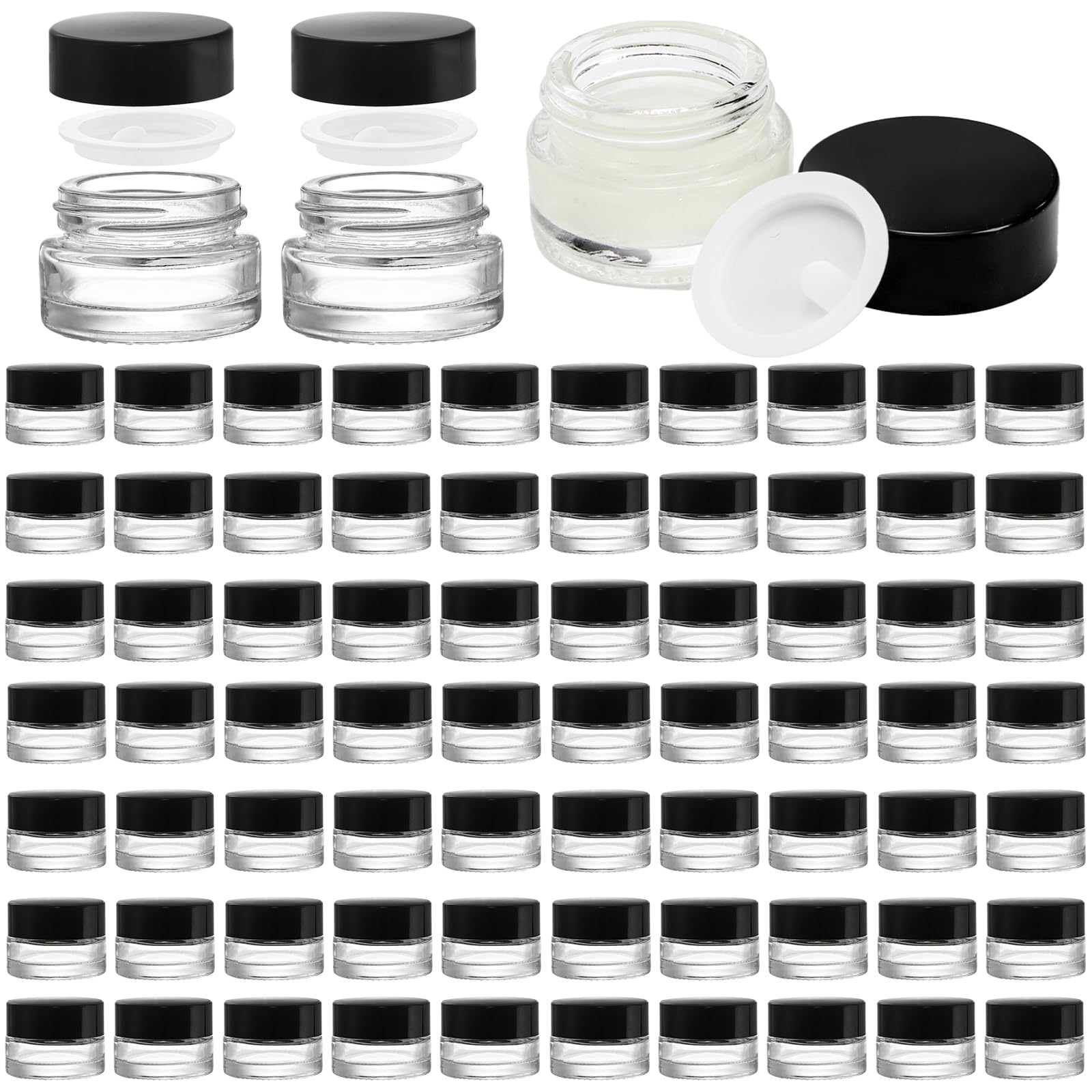 Coloch 90 Pack 5ml Glass Sample Containers with Black Lid, Mini Glass Cosmetics Jars with Inner Liner Bulk Refillable Tiny Glass Jars for Cosmetics, Lotion, Cream, Samples, Wax, Skincare, Travelling