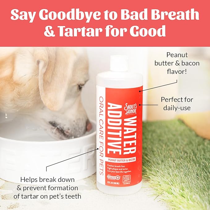 SKOUT'S HONOR Peanut Butter & Bacon Water Additive - VOHC Accepted for Tartar Control, Freshens Breath Fast, No Brushing Required, 32 oz, 2-Pack