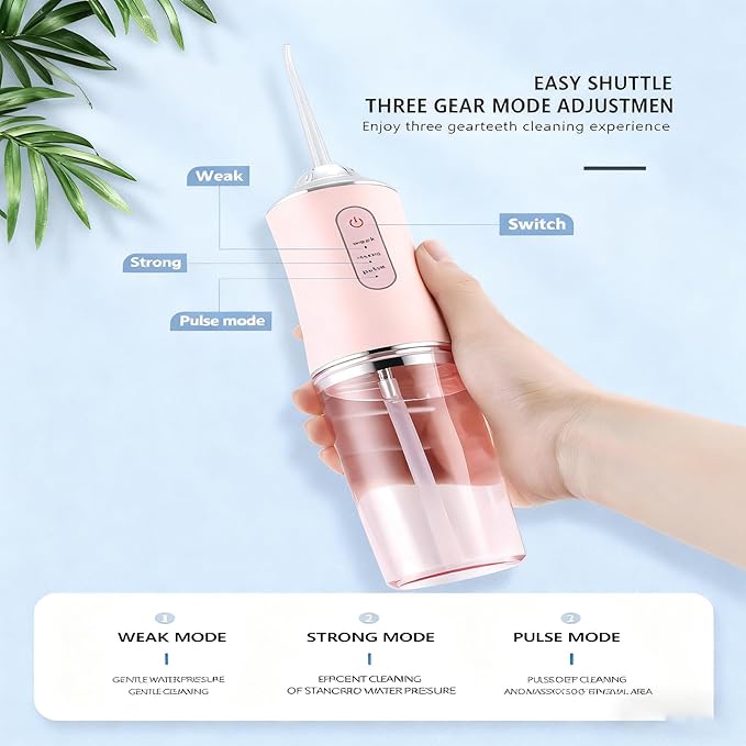 Water Dental Flosser Teeth Pick, Cordless Portable Oral Irrigator for Teeth, Dentures, and Braces 4 Modes & Jet Tips, IPX7 Waterproof (Pink)