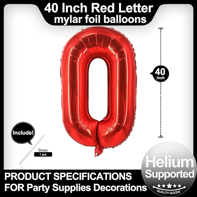 40 Inch Red Letter O Balloons, DIY Phrase Foil Alphabet Letter O Balloons DIY Word O Banner for Birthday Anniversary Celebration Graduation Party Supplies Decoration