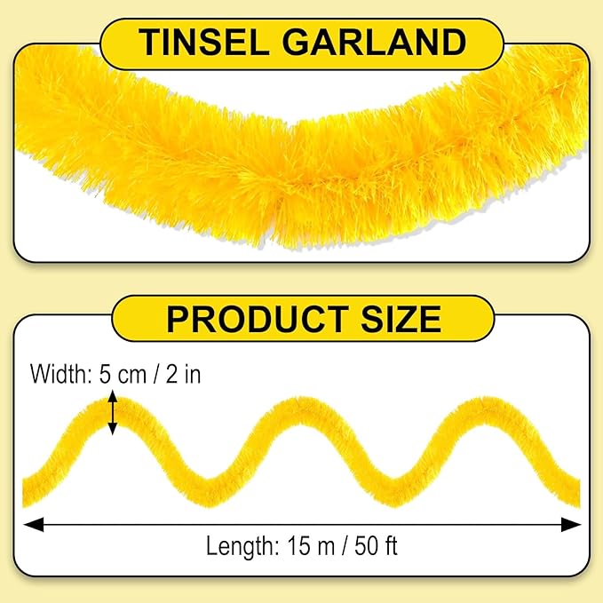 50 Feet Macaron Yellow Christmas Tinsel Garland, Metallic Foil Twist Garland Wall Hanging Tinsel Banner Backdrop for Parade Floats, Easter, Mother's Day, Wedding Party Decorations (2in x 50ft)