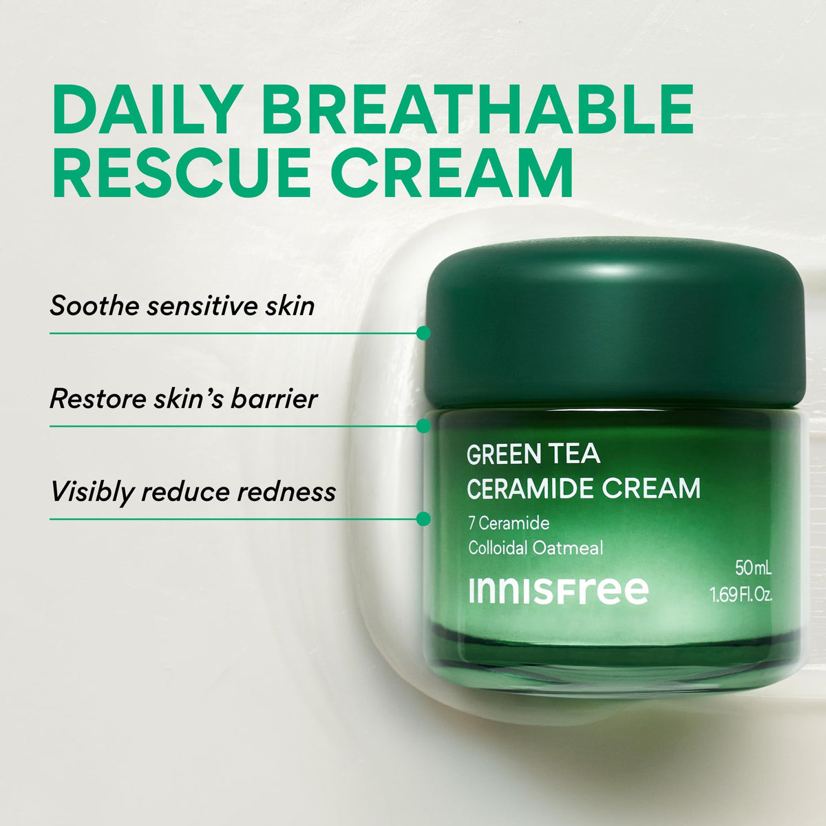 innisfree Green Tea Ceramide Cream | Hydrating Korean Rescue Cream for Acne and Dry, Sensitive, and Eczema Prone Skin | Non-Comedogenic