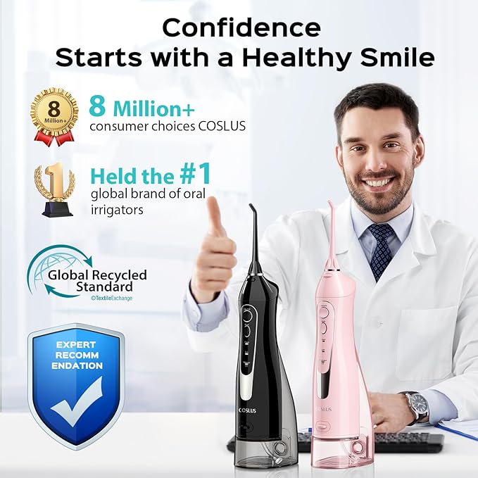 COSLUS 2 Pack Cordless Water Flosser with Elegant Packaging for Teeth, Braces, Gums Care - Easy to Use, Rechargeable, Waterproof, Portable for Travel, BPA-Free, Black & Pink, C20(F5020E)