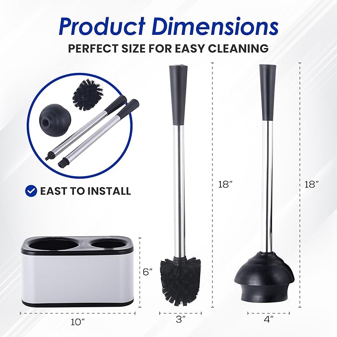 Stainless Steel Toilet Brush and Holder Set - Modern Toilet Brush and Plunger Set - Bathroom Essentials