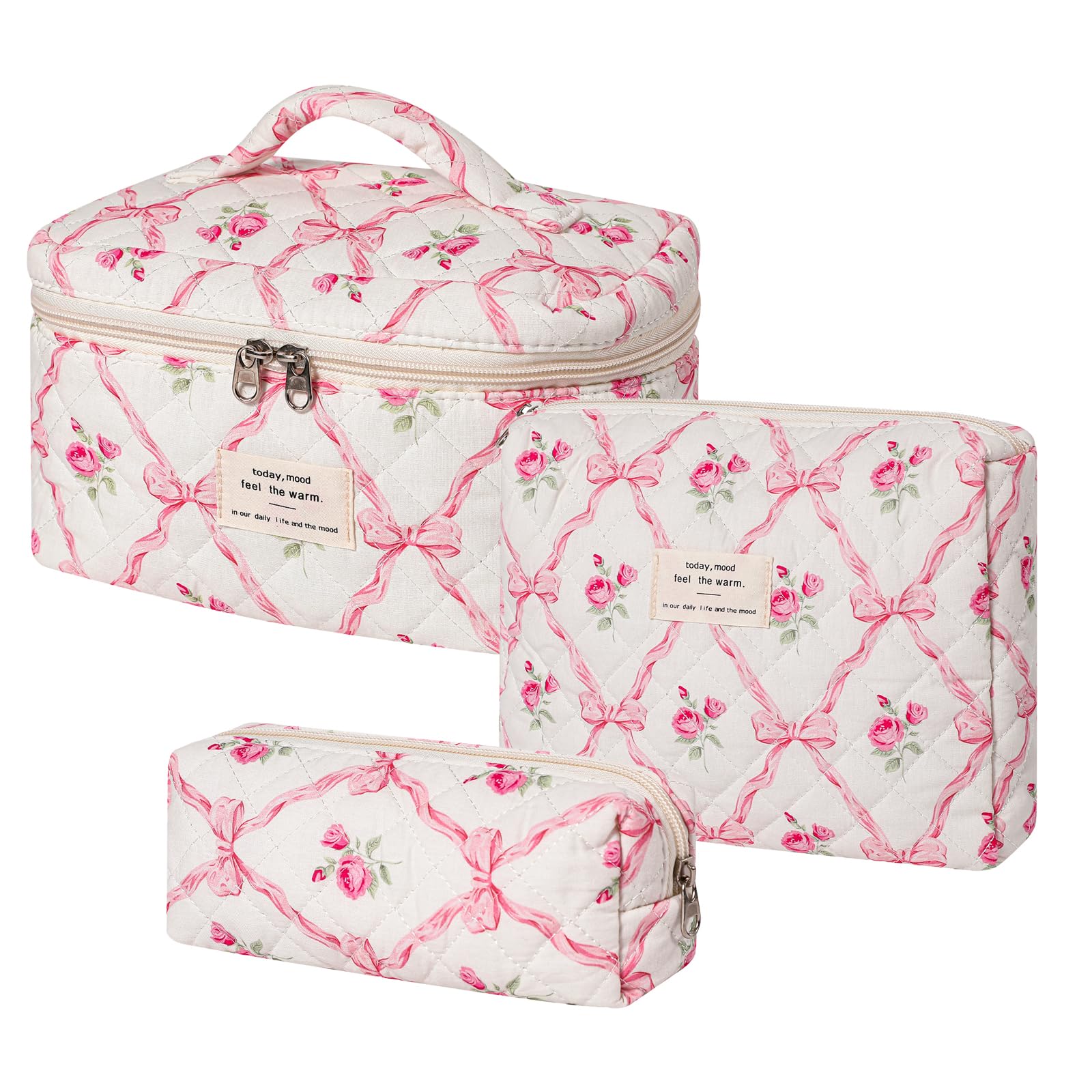 RSRSLEII 3Pcs Large Quilted Makeup Bag for Women and Girls, Cute Coquette Floral Cotton Cosmetic Bag, Aesthetic Travel Organized Toiletry Bags (3Pcs Pink Bows)