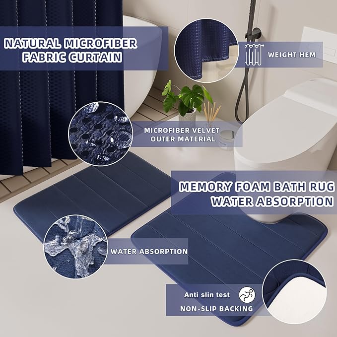 Bathroom Set - 25PC Blue Bathroom Set with Shower Curtain and Rugs, Bathroom Accessories Set, Blue Shower Curtain Set with Bathroom Trash Can