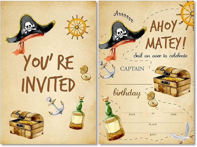 Soiceu Pirate Birthday Party Invitations with Envelopes Set of 20 Pirate Treasure Map Kids Birthday Party Invites