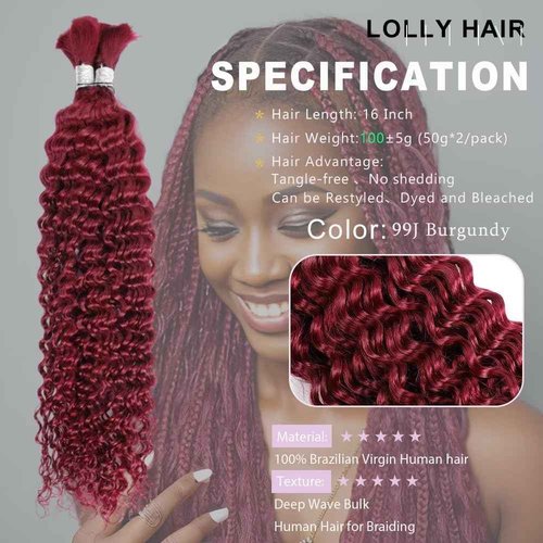 Habiliana Curly Burgundy Braiding Human Hair 100g 20 Inch 99J Burgundy No Weft Brazilian Virgin Bulk Human Hair Bundles for Boho Braids