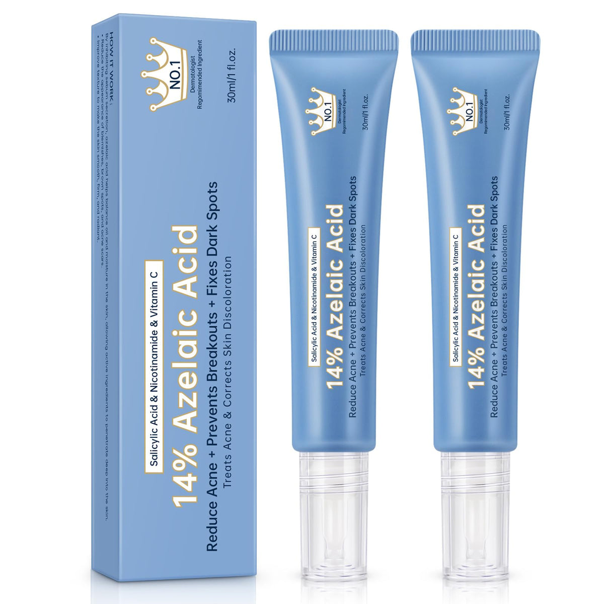 Azelaic Acid 14% Acne Cream for Redness Relief, Dark Spots, Facial Serum with Niacinamide & Vitamin C Prevent Acne Breakouts, Azelaic Acid Serum for Balance Excess Sebum & Soothe Irritation, 2 Oz.
