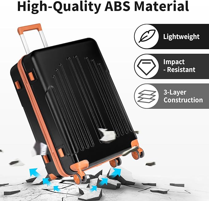 Karl home 24in Checked Luggage with TSA Lock, ABS Hardshell Check-in Suitcase with Spinner Wheels, Durable Medium Suitcase Rolling Luggage for Business Travel, Black & Brown