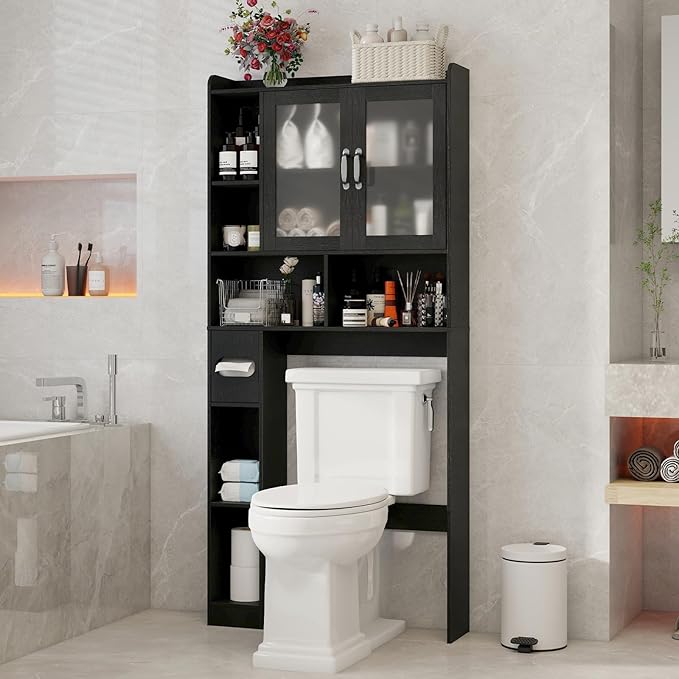 Vabches Over The Toilet Storage Cabinet, Farmhouse Storage Cabinet Over Toilet with Acrylic Doors，Home Space-Saving Toilet Rack, for Bathroom, Restroom, Laundry, Black