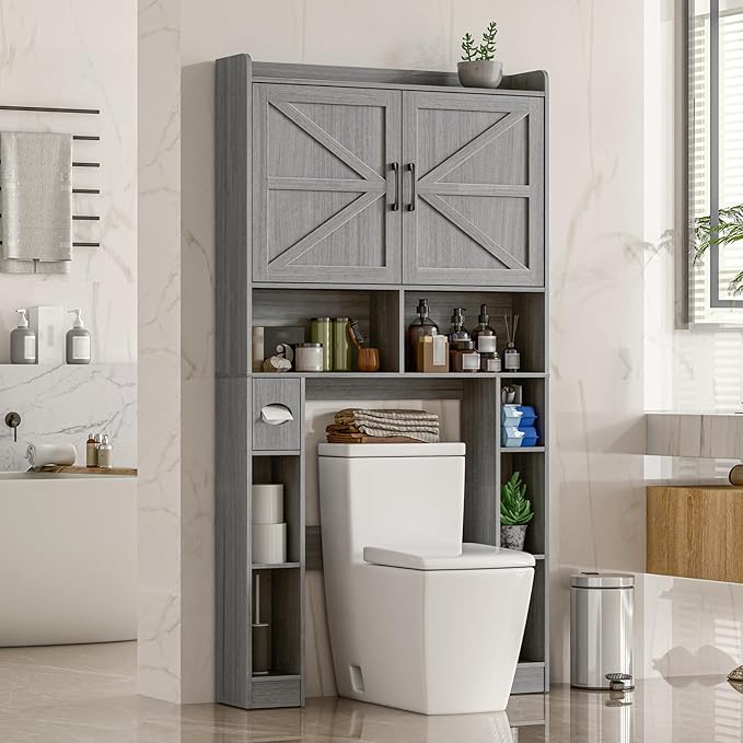 Over The Toilet Storage Cabinet, Farmhouse Toilet Cabinet Rack with Barn Doors, Space Saving Bathroom Organizer with Shelves, Toilet Paper Holder and Towel Rack for Bathroom,Restroom,Laundry,Wash Grey