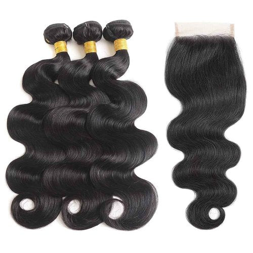 Bundles with Closure Human Hair 16 18 20+14 Inch 100% Unprocessed Brazilian Virgin Hair Extensions 3 Bundles with 4x4 HD Lace Closure Natural Black