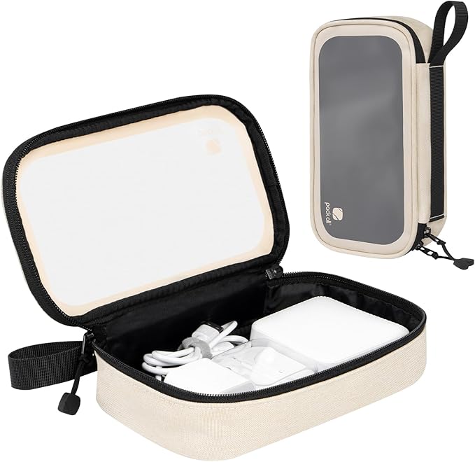 pack all Clear Electronic Organizer, TPU Cable Organizer Bag, Compact Cord Travel Organizer for Cables, Chargers, Phones, USB cords, SD Cards (Beige)