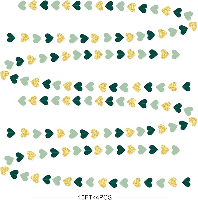 Sage Green and Gold Heart Party Glitter Gold Paper Olive Green Love Heart Hanging Garland Streamer Banner for Woodland Safari Baby Shower Birthday Wedding Anniversary Valentines Day Party Decorations